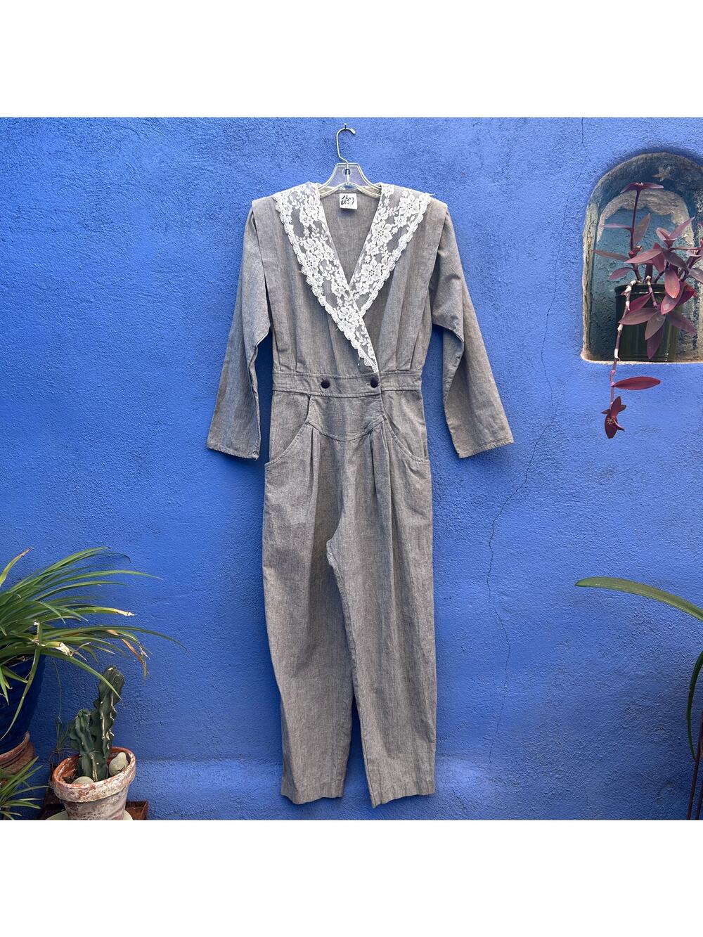 vintage 80s byer too! lace flanked gray cotton jumpsuit